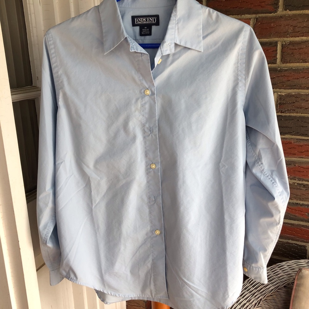 Blouse Shirt Size 10 Land's End Pastel Blue Light Weight Cotton Blend Button